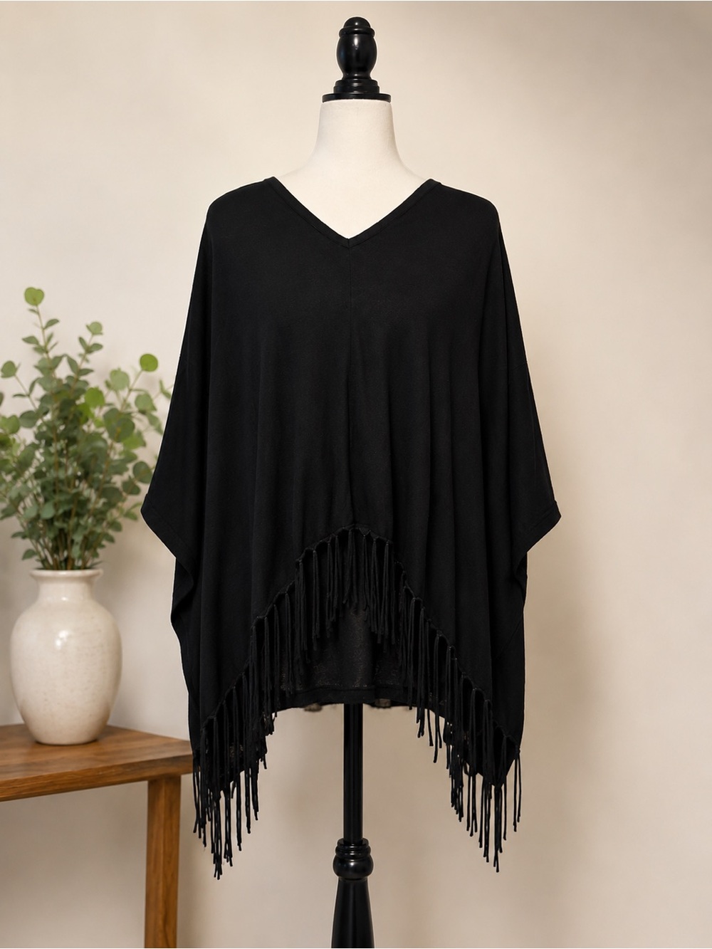 Michael Kors Black Fringe Poncho Sweater S/M | Gold Logo Plaque | Soft Knit